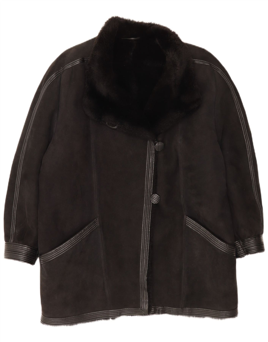 Vintage Damen Shearling Mantel UK 16 Large Schwarz