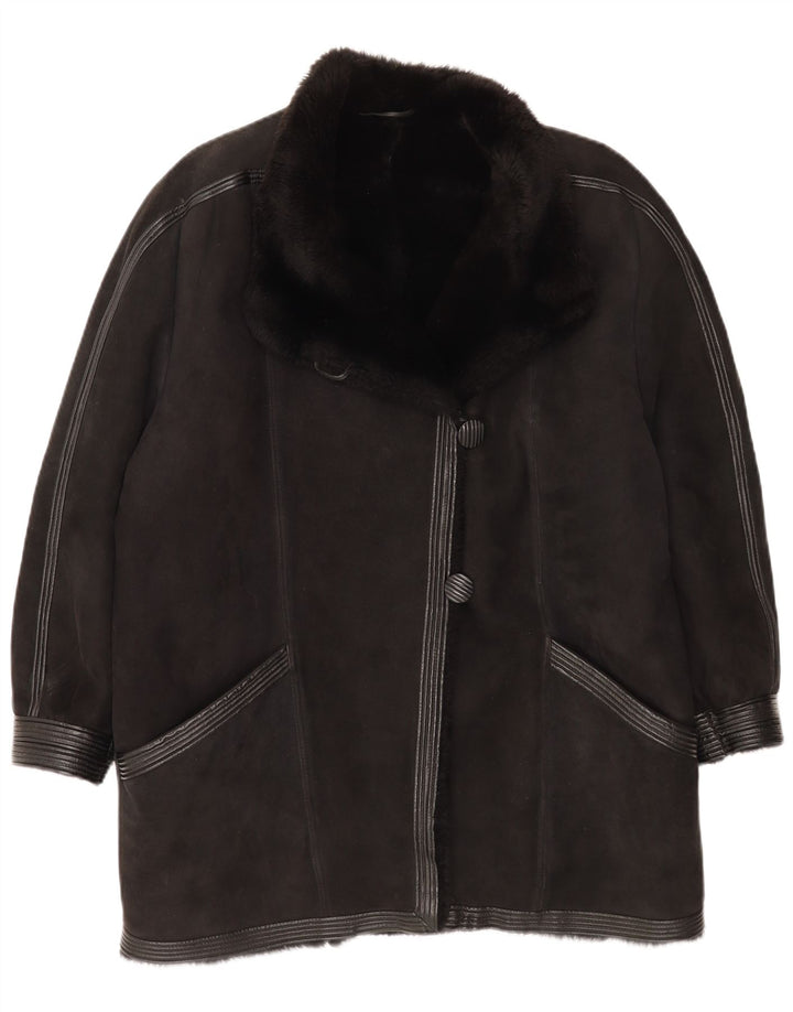 Vintage Damen Shearling Mantel UK 16 Large Schwarz