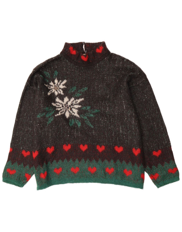Vintage Damen Rollkragenpullover mit grafischem Rollkragen, Gr. 16, groß, braun, geblümt