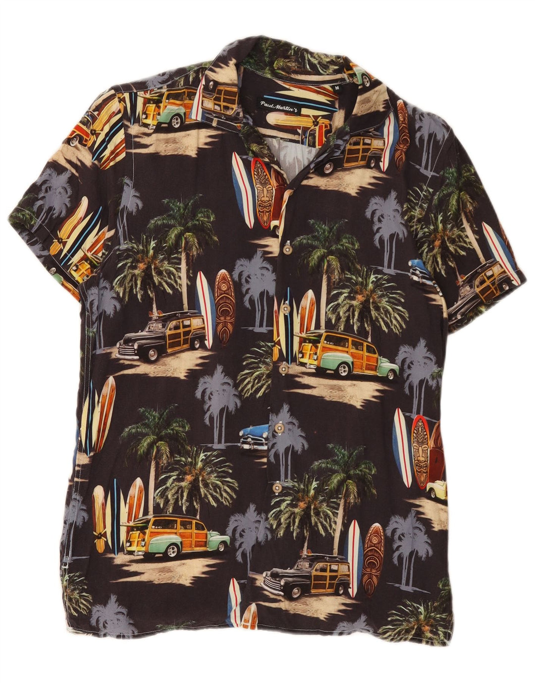 Vintage Herren Grafik Kurzarmshirt Medium Schwarz Viskose Hawaiianisch