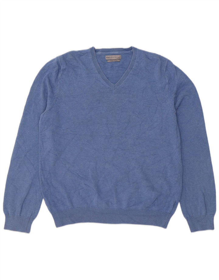 Marks & Spencer Herren-Pullover mit V-Ausschnitt, groß, aus blauer Baumwolle