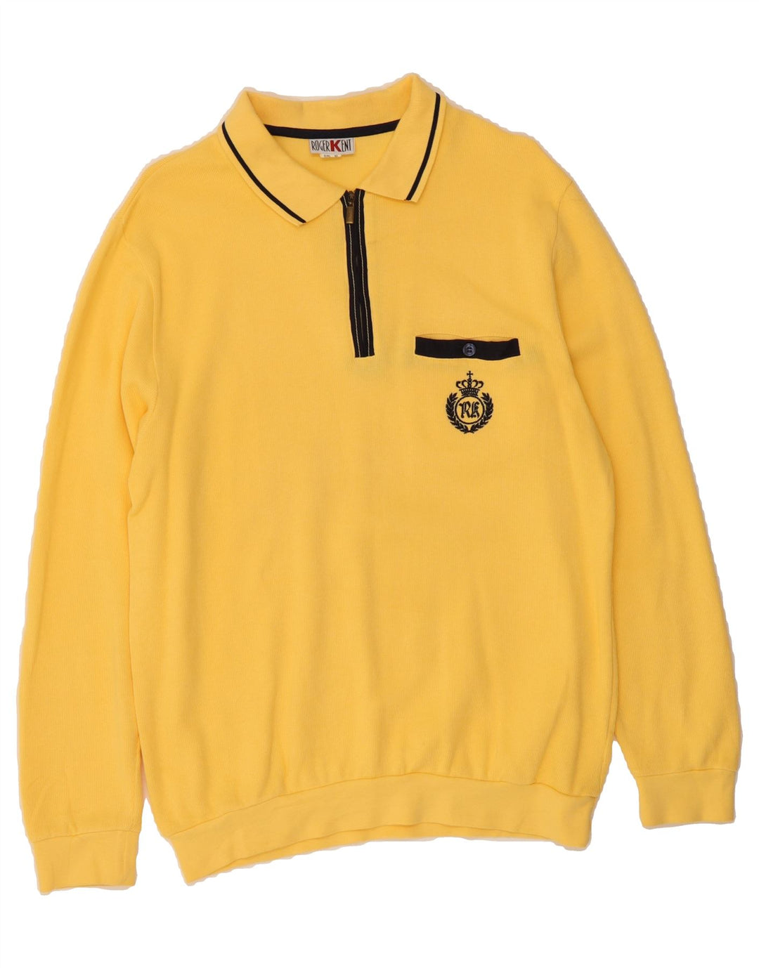 ROGER KENT Mens Polo Neck Jumper Sweater IT 50 Medium Yellow Cotton Vintage Roger Kent and Second-Hand Roger Kent from Messina Hembry 