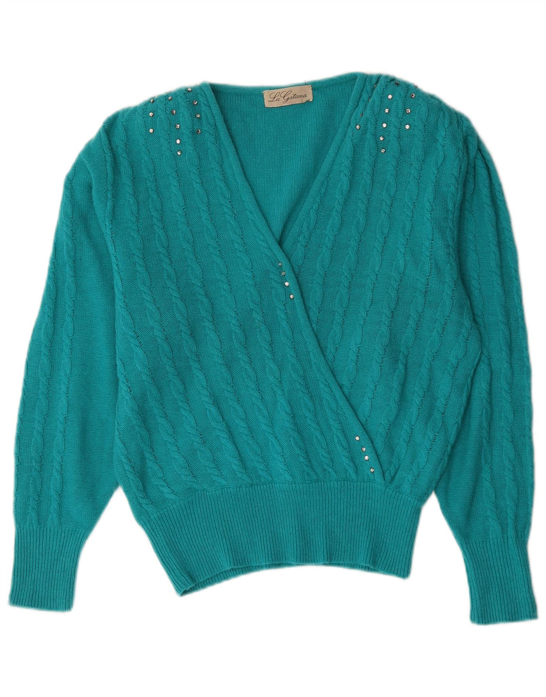 Vintage Damen V-Ausschnitt Pullover Pullover UK 14 Große blaue Wolle