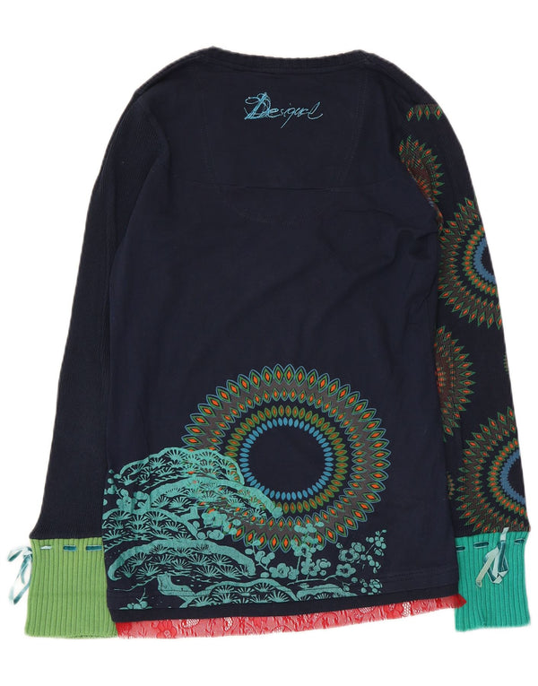 Desigual Womens Graphic Top Langarm UK 12 Medium Navy Blue Geometrisch