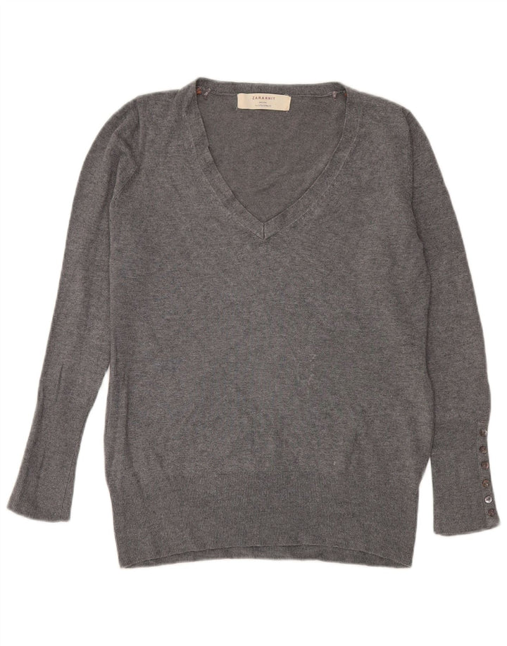 Zara Damen-Pullover mit V-Ausschnitt, Gr. 42, Größe L, grau, Viskose