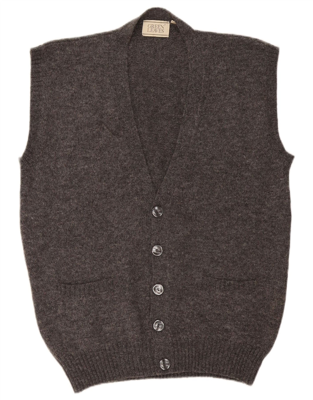 Ärmelloser Herren-Cardigan mit grünen Blättern aus mittelgrauer Wolle