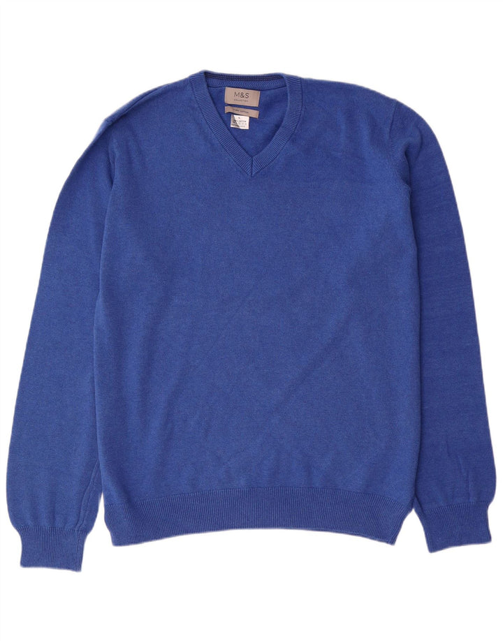 Marks & Spencer Herren-Pullover mit V-Ausschnitt, groß, aus blauer Baumwolle