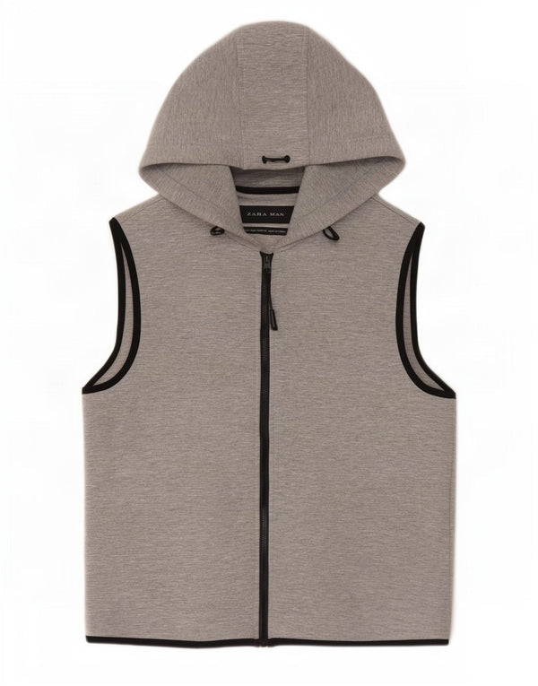 Zara Mens Sleeveless Zip Hoodie Sweater Small Grey Polyester