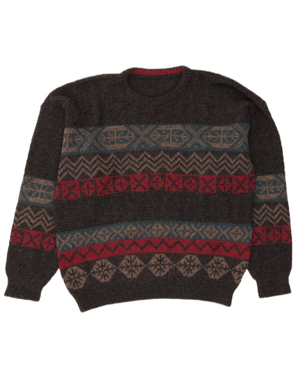 Vintage Herren Rundhalspullover XL Grau Fair Isle Wolle