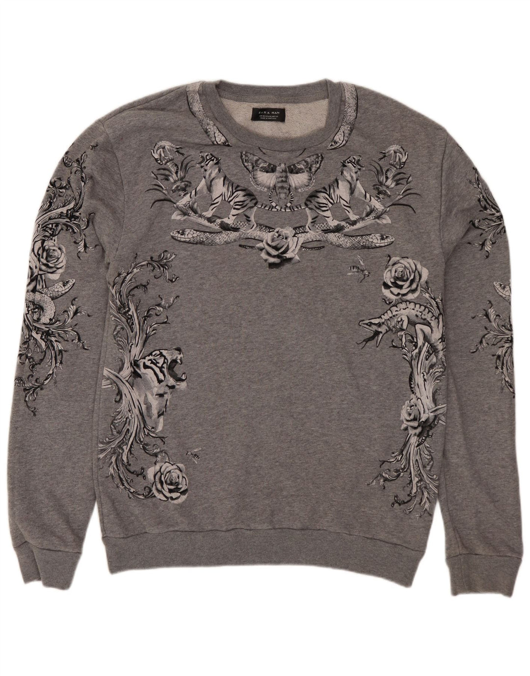 Zara Herren Grafik-Sweatshirt-Pullover aus mittelgrauer, geblümter Baumwolle