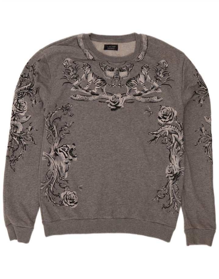 Zara Herren Grafik-Sweatshirt-Pullover aus mittelgrauer, geblümter Baumwolle