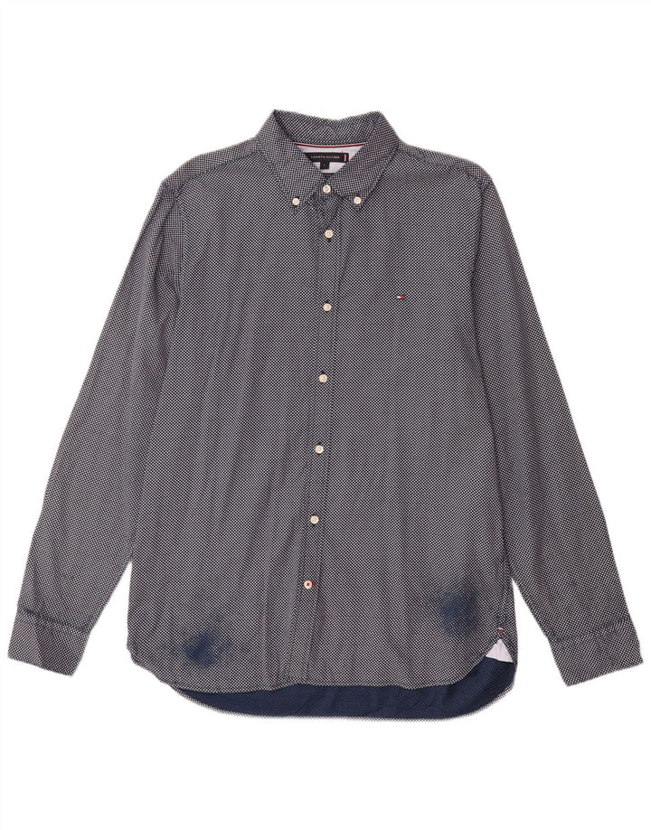 Tommy Hilfiger Herren Flex Slim Fit Hemd Große marineblaue geometrische Baumwolle