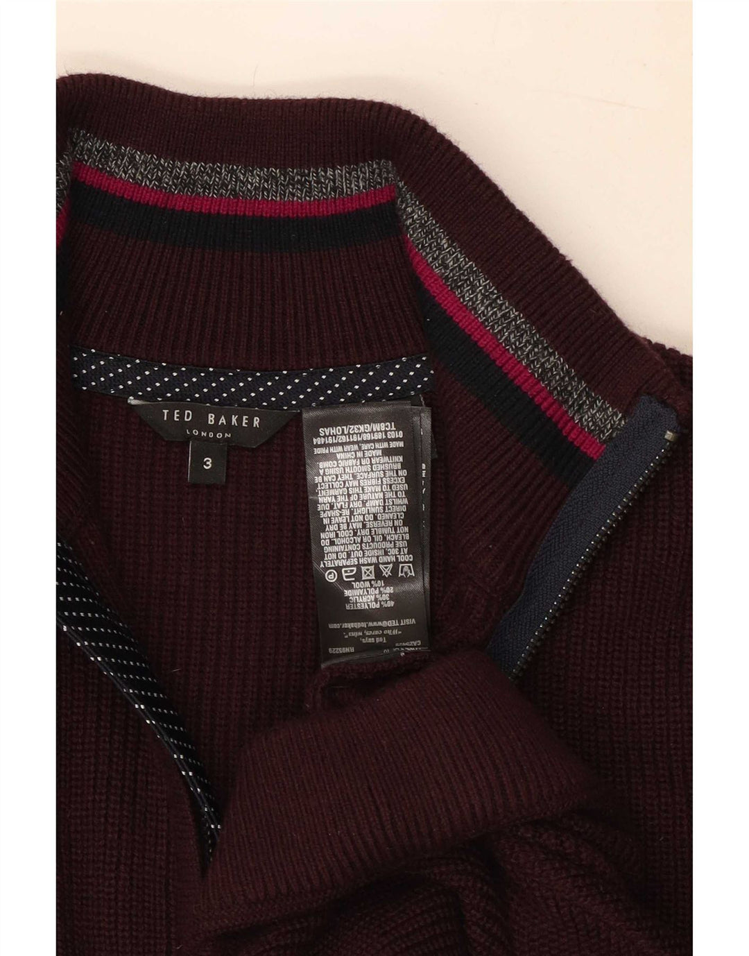 Ted Baker Herren-Pullover mit Reißverschluss am Hals, Größe 3, mittleres burgunderrotes Polyester