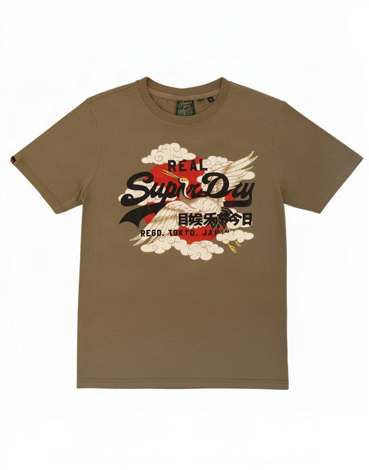 Superdry Herren Grafik-T-Shirt-Oberteil aus mittlerer Khaki-Baumwolle