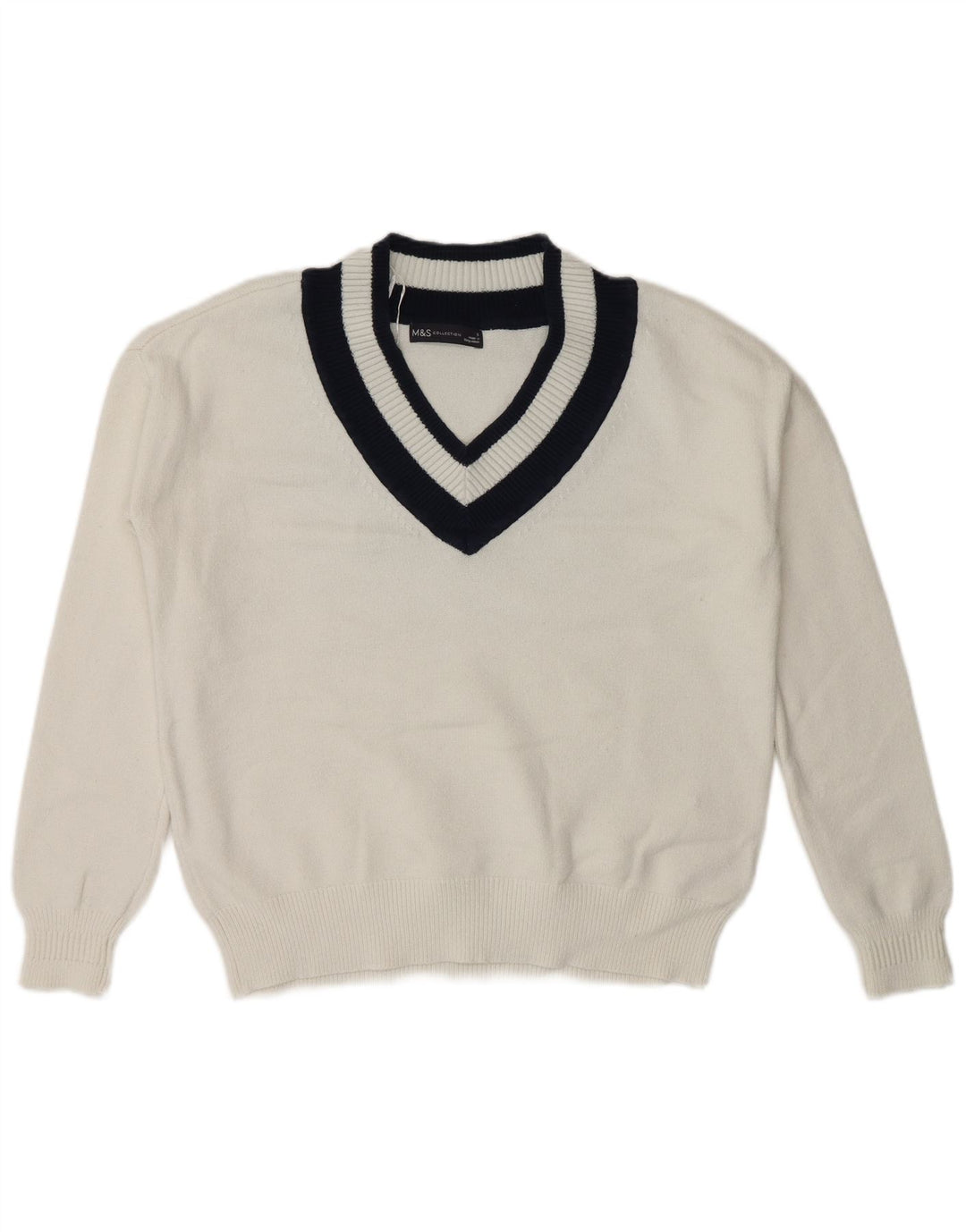 Marks & Spencer Damen-Pullover mit V-Ausschnitt, Gr. 10, Größe S, Weiß, Farbblock