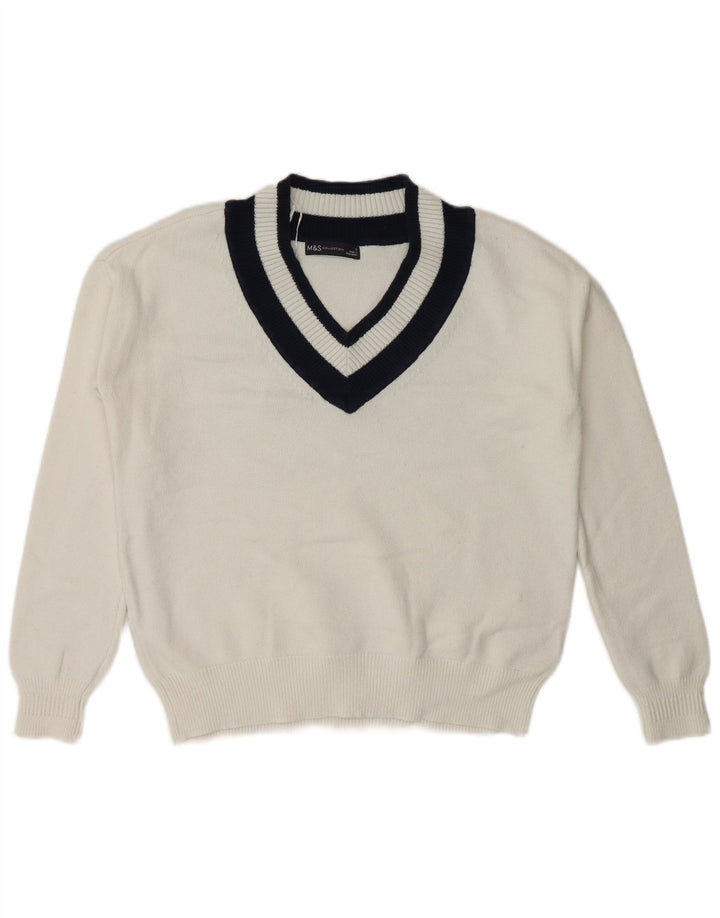 Marks & Spencer Damen-Pullover mit V-Ausschnitt, Gr. 10, Größe S, Weiß, Farbblock