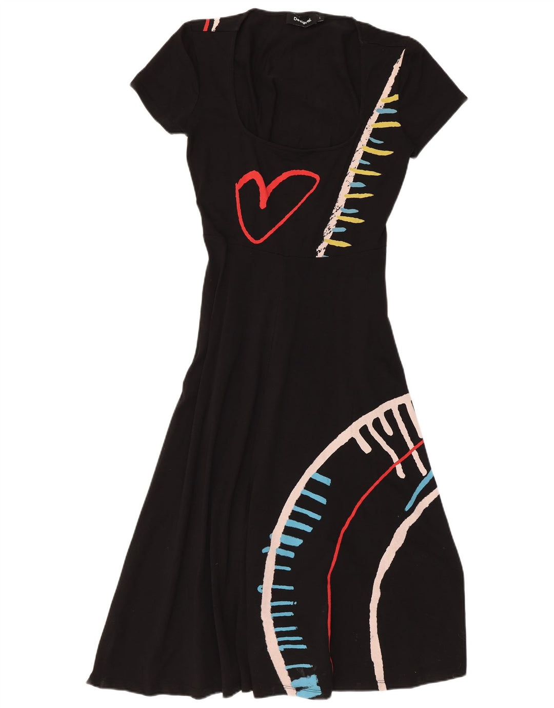 Desigual Damen Grafik-A-Linien-Kleid UK 14 Large Schwarz