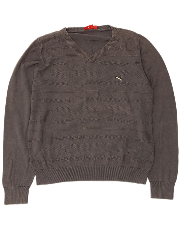 Puma Herren-Pullover mit V-Ausschnitt, groß, graue, geometrische Baumwolle
