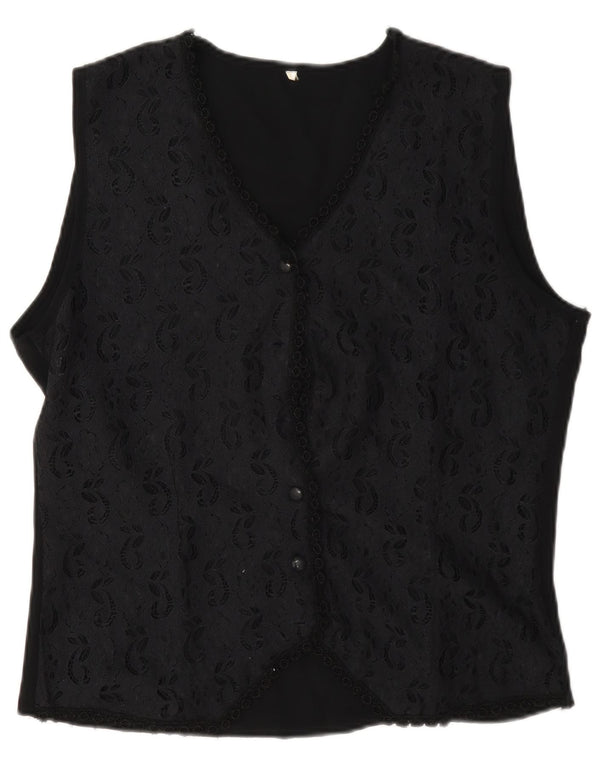 Vintage Damen Ärmellose Spitzenbluse UK 16 Großes schwarzes Blumenmuster