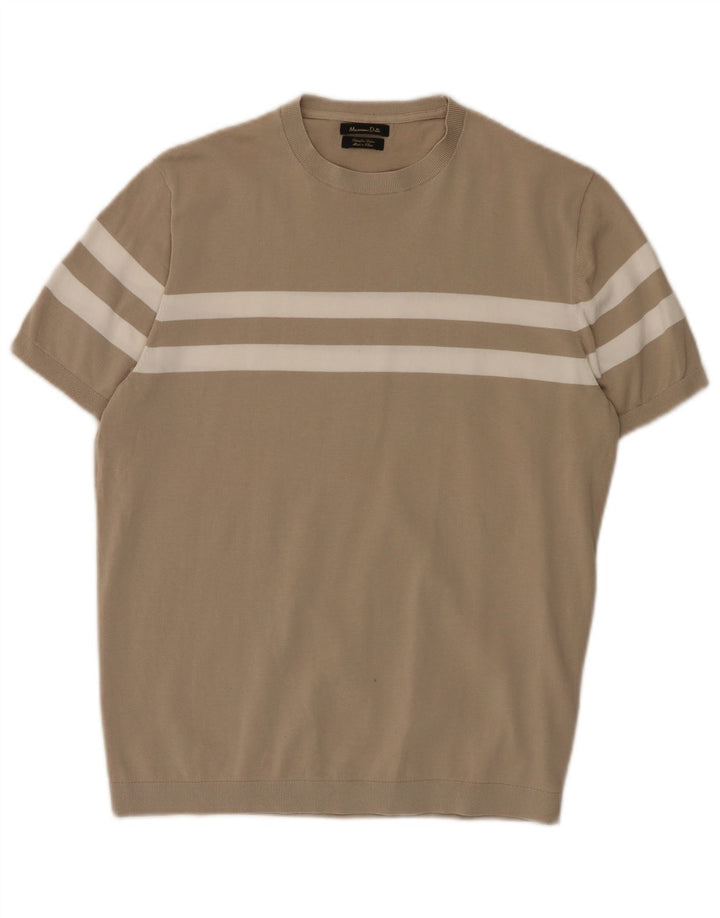 Massimo Dutti Herren-Pullover mit Rundhalsausschnitt, Mittelbeige, Farbblock