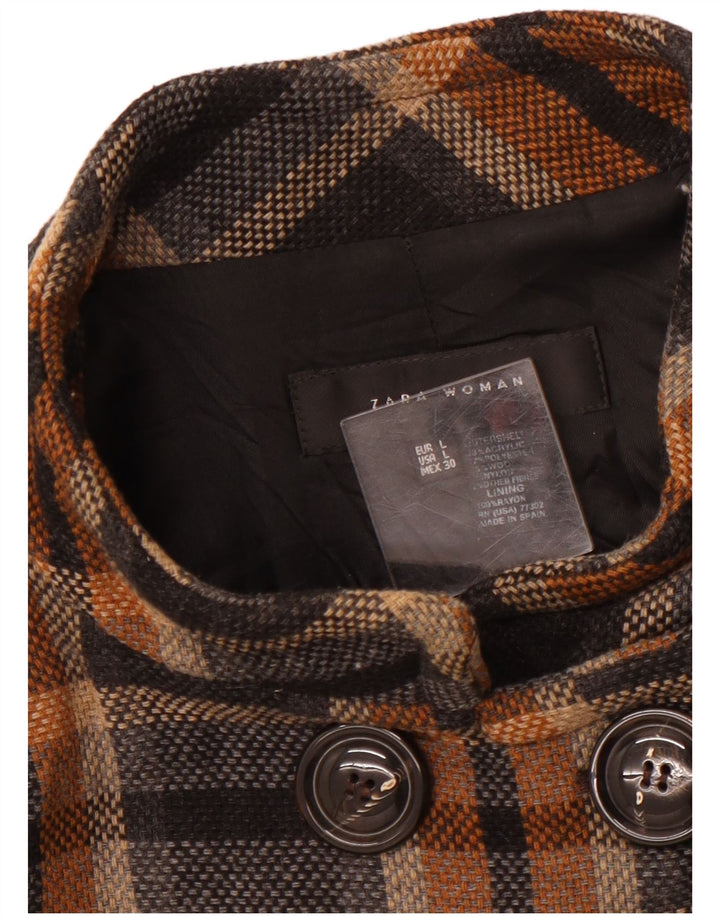 ZARA Damen Zweireihiger Mantel UK 14 Large Schwarz Kariertes Acryl