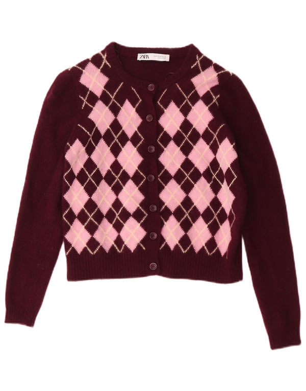 Zara Damen Crop Cardigan Pullover UK 12 Medium Burgunder Argyle/Diamond Wool