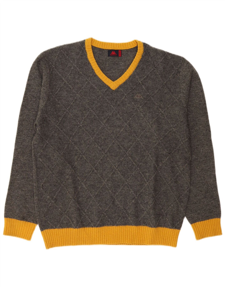 Kappa Herren-Pullover mit V-Ausschnitt, XL, graue Farbblock-Wolle