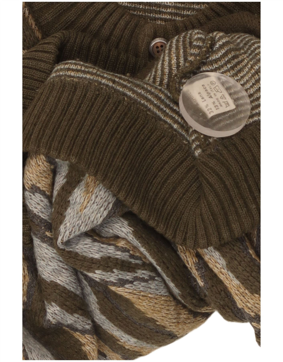 Vintage Herren Cardigan Pullover Großes Khaki Gestreiftes Acryl