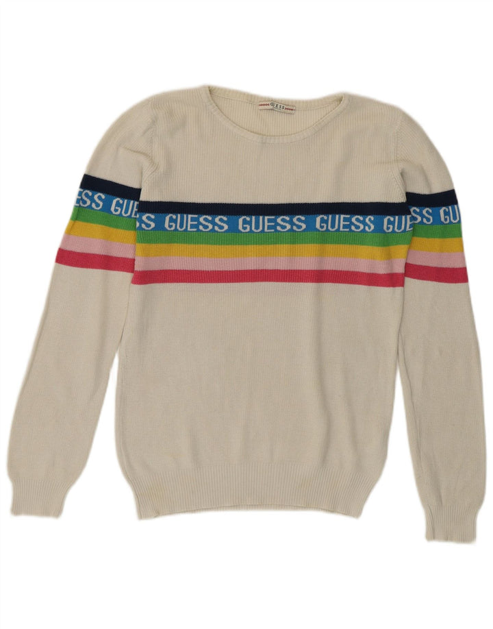 Guess Damen-Pullover mit grafischem Rundhalsausschnitt, Gr. 8, Größe S, weiße Baumwolle