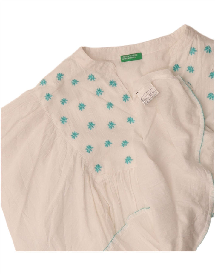 Benetton Damen-Blusenoberteil mit Fledermausärmeln, UK-Größe 44, mittelweiß, geblümt, Baumwolle
