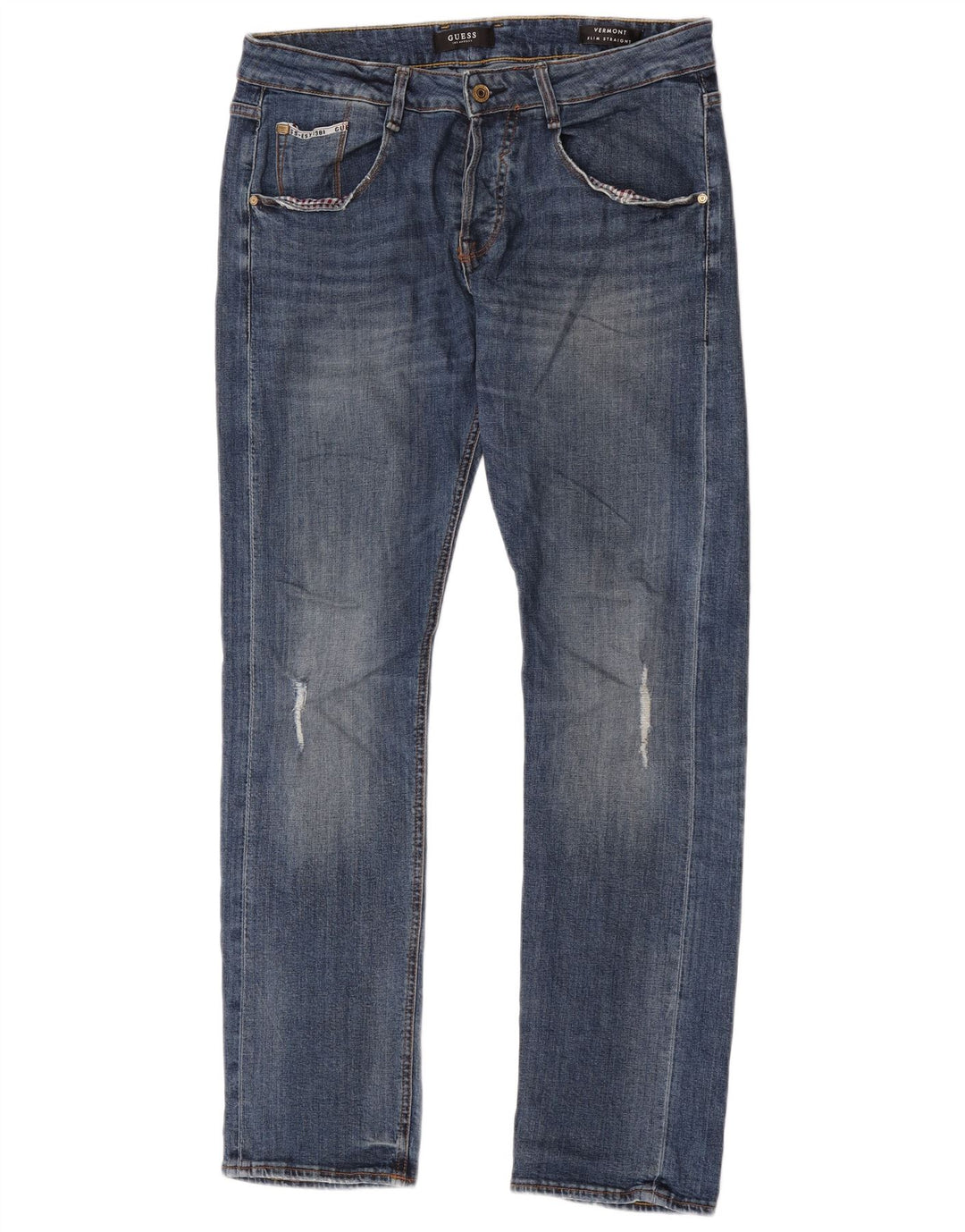 Guess Herren Straight Distressed Slim Jeans W30 L33 Blau Polyester