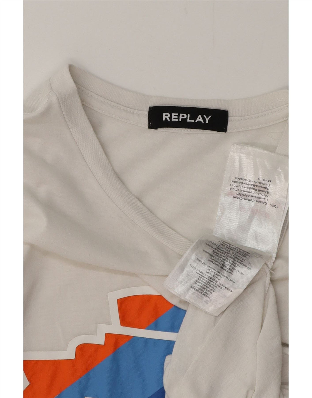 REPLAY Damen-T-Shirt mit Grafik, UK 12, mittelweiße Baumwolle