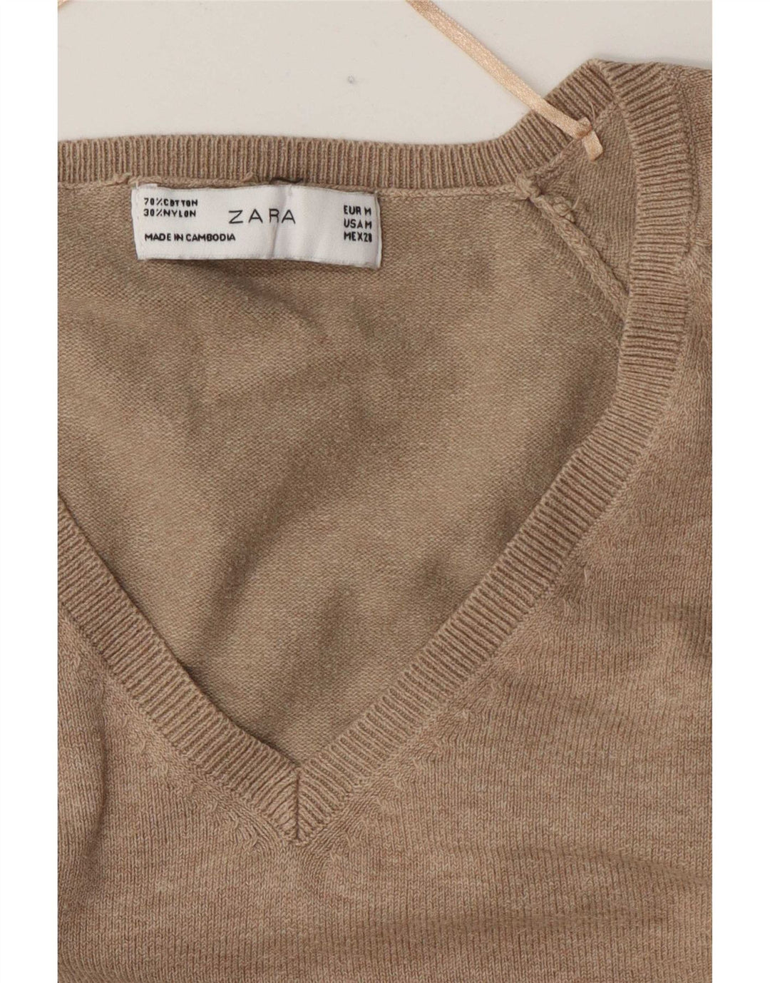 Zara Damen-Pullover mit V-Ausschnitt, UK 14, mittelbraune Baumwolle