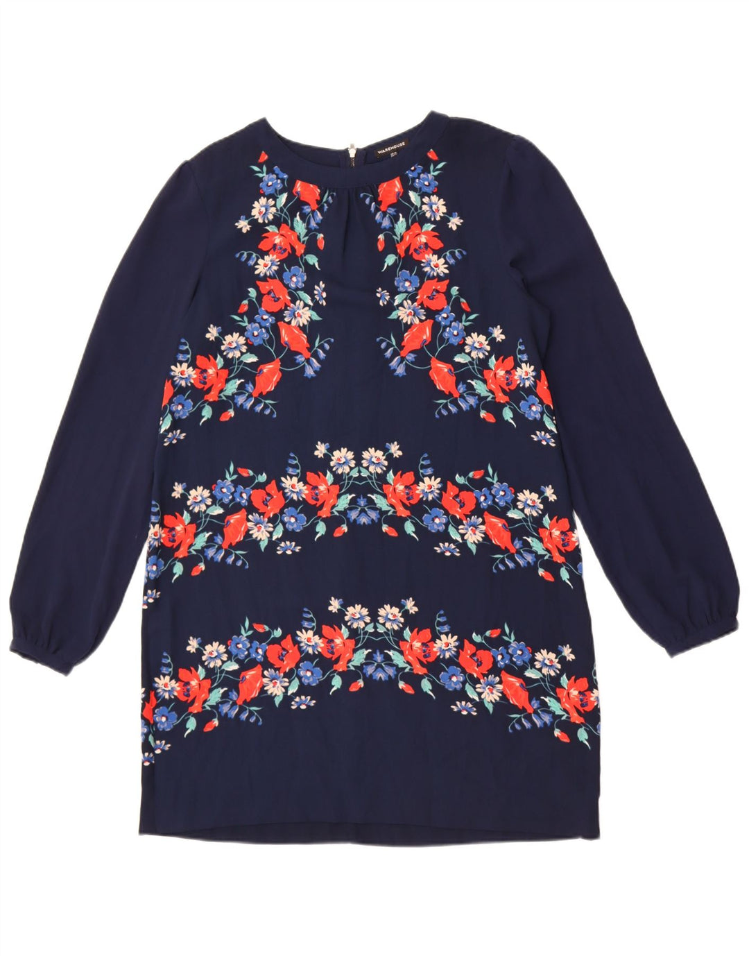 Langärmliges Etuikleid für Damen von Warehouse, UK-Größe 44, mittleres Marineblau mit Blumenmuster