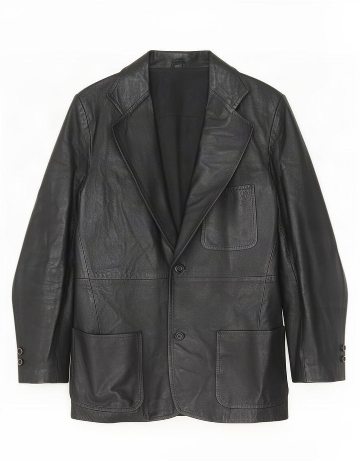 Vintage Damen 2-Knopf-Leder-Blazer-Jacke IT 48 Mittelschwarz