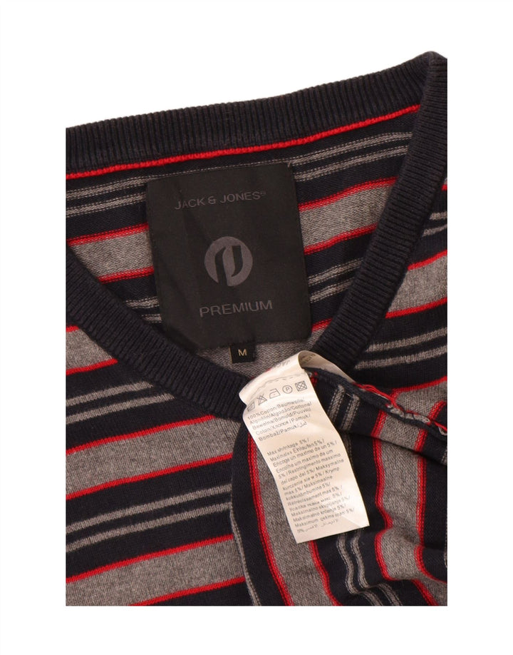 Jack & Jones Herren-Pullover mit V-Ausschnitt aus mittelgrauer, gestreifter Baumwolle