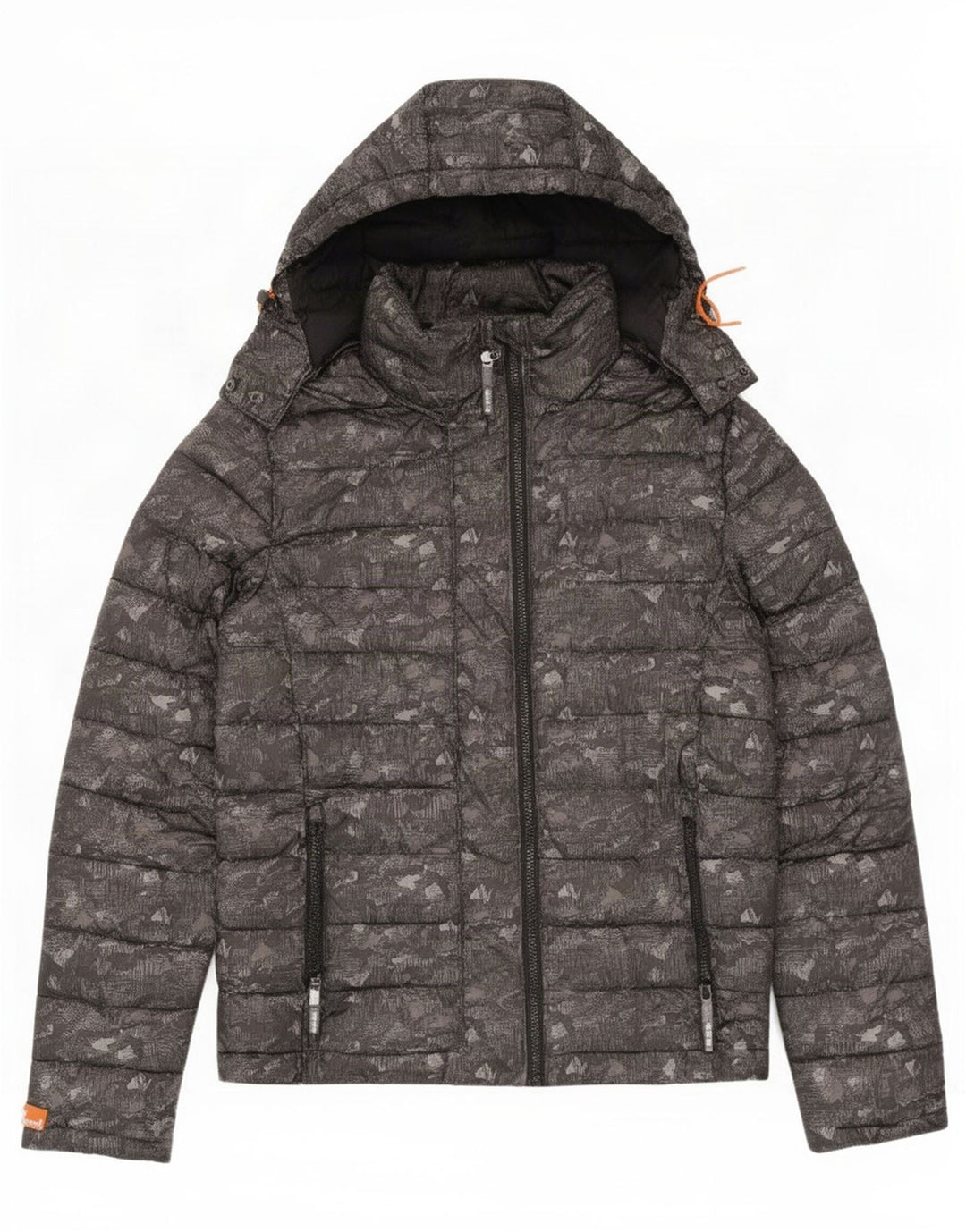 Superdry Wattierte Damenjacke mit Kapuze, UK 14, mittelgraues Camouflage-Polyester