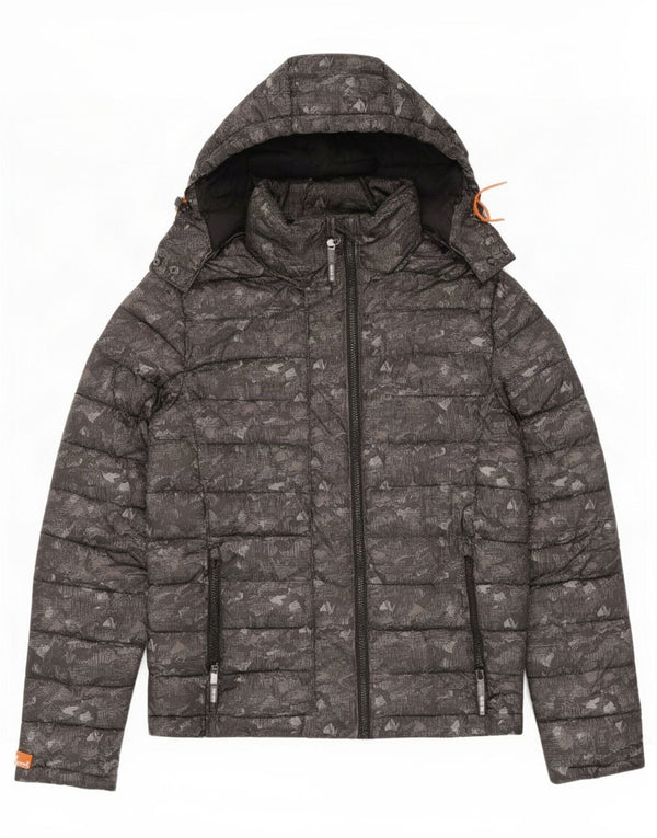 Superdry Wattierte Damenjacke mit Kapuze, UK 14, mittelgraues Camouflage-Polyester