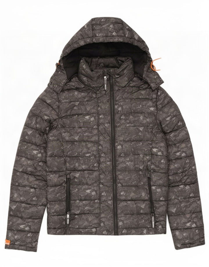 Superdry Wattierte Damenjacke mit Kapuze, UK 14, mittelgraues Camouflage-Polyester