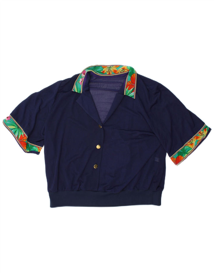VINTAGE Damen Crop Bluse Top IT 48 XL Marineblau geblümt