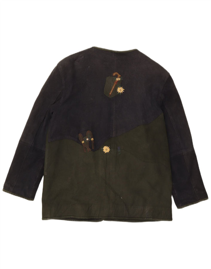 Vintage Damen Lederjacke mit Grafik, EU 42, großes grünes Colourblock-Leder