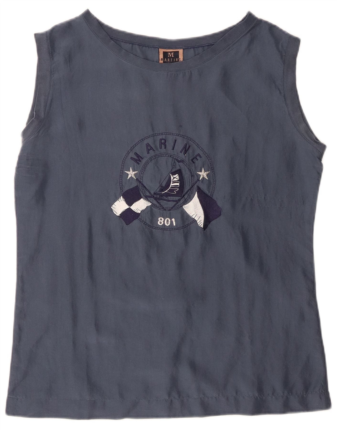 Martin's Grafisches ärmelloses Damen-Blusenoberteil IT 42 aus mittelblauer Seide in Marineblau