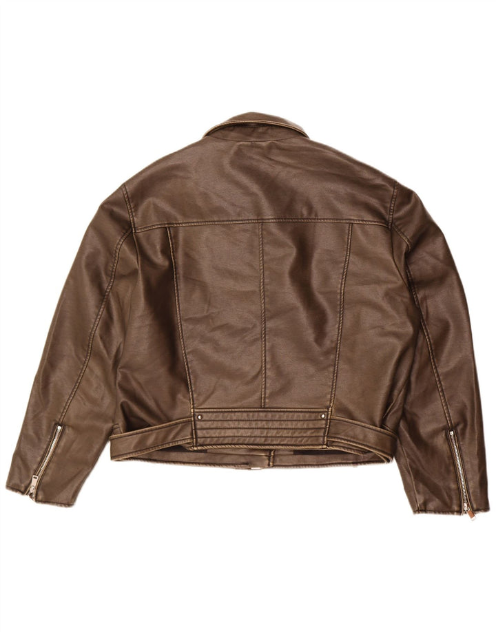 Zara Damen-Bikerjacke aus Kunstleder, UK 20 2XL, braunes Polyurethan