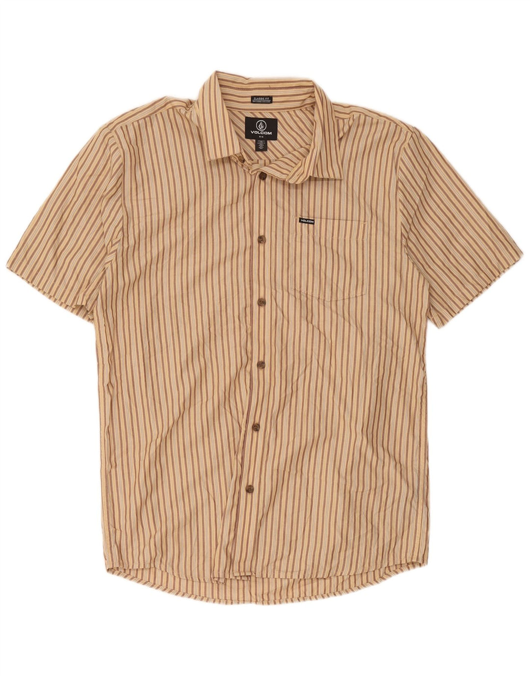 Volcom Herren Kurzarm-Hemd mit klassischer Passform, mittelbeigefarben, gestreift, Polyester