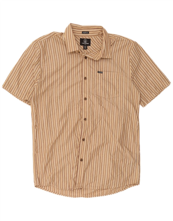 Volcom Herren Kurzarm-Hemd mit klassischer Passform, mittelbeigefarben, gestreift, Polyester