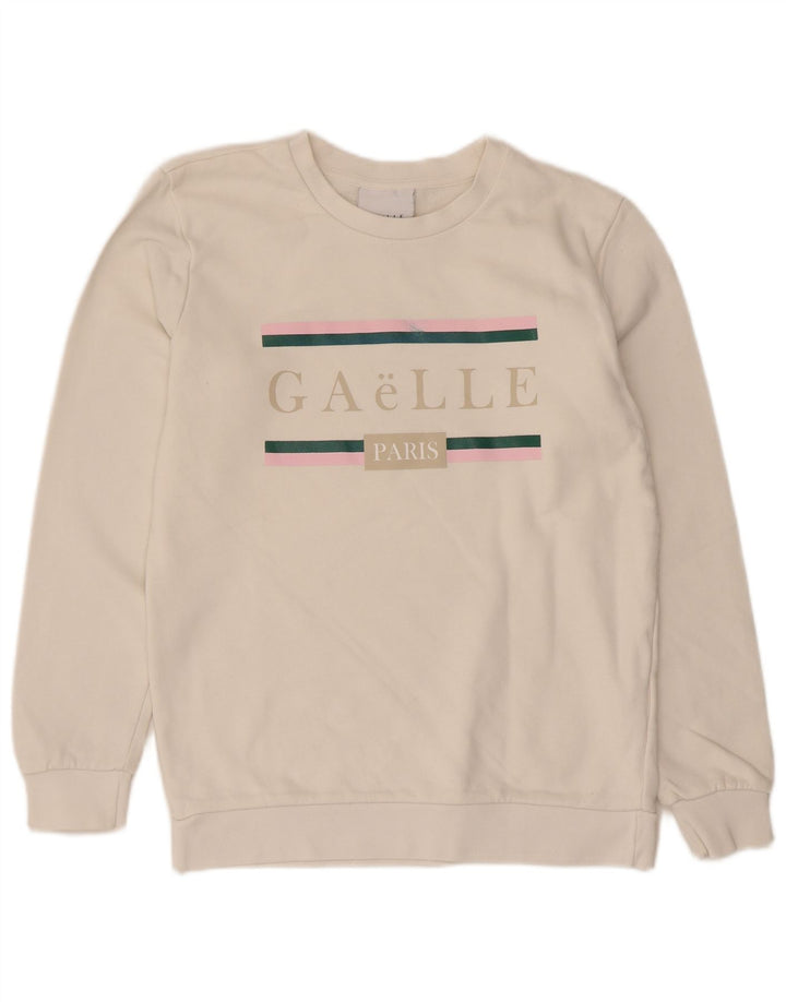 Gaelle Damen Grafik-Sweatshirt-Pullover UK 14 Mittelweiße Baumwolle