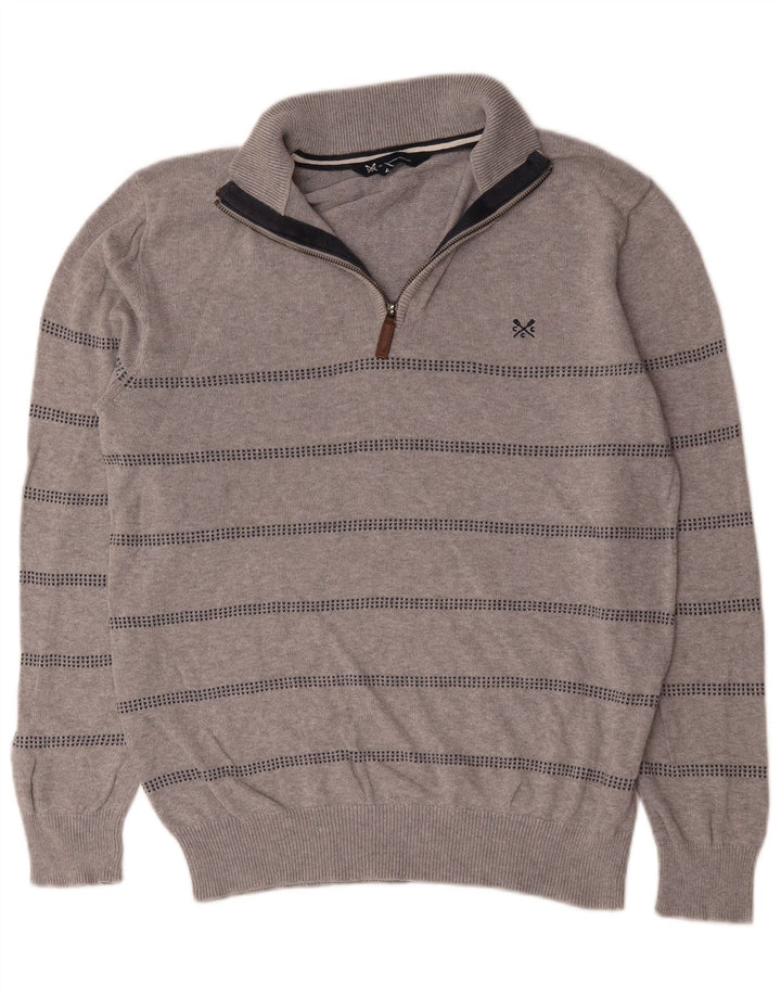 Crew Clothing Herren-Pullover mit Reißverschluss am Hals, mittelgrau gestreifte Baumwolle