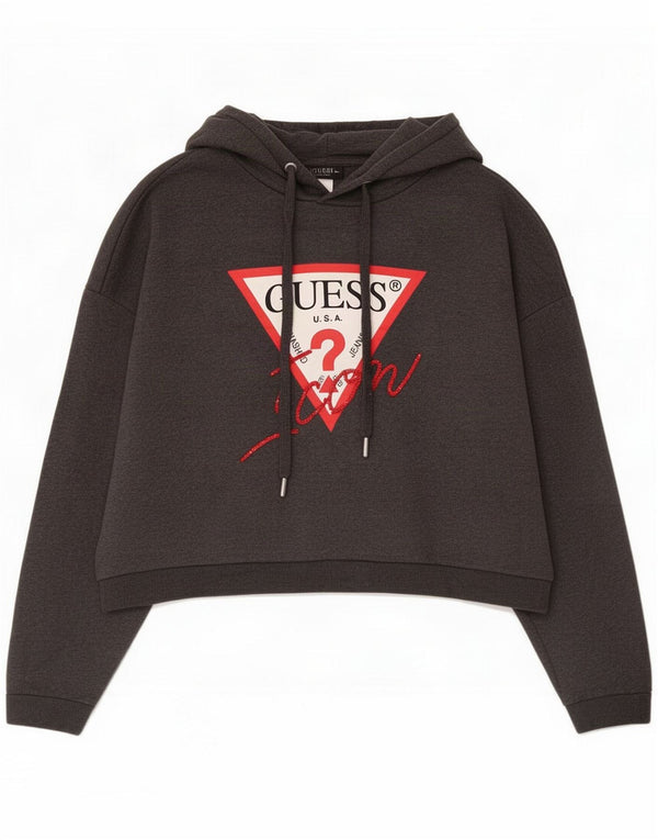 Guess Womens Oversized Crop Graphic Hoodie Jumper UK 12 Mittelgraue Baumwolle