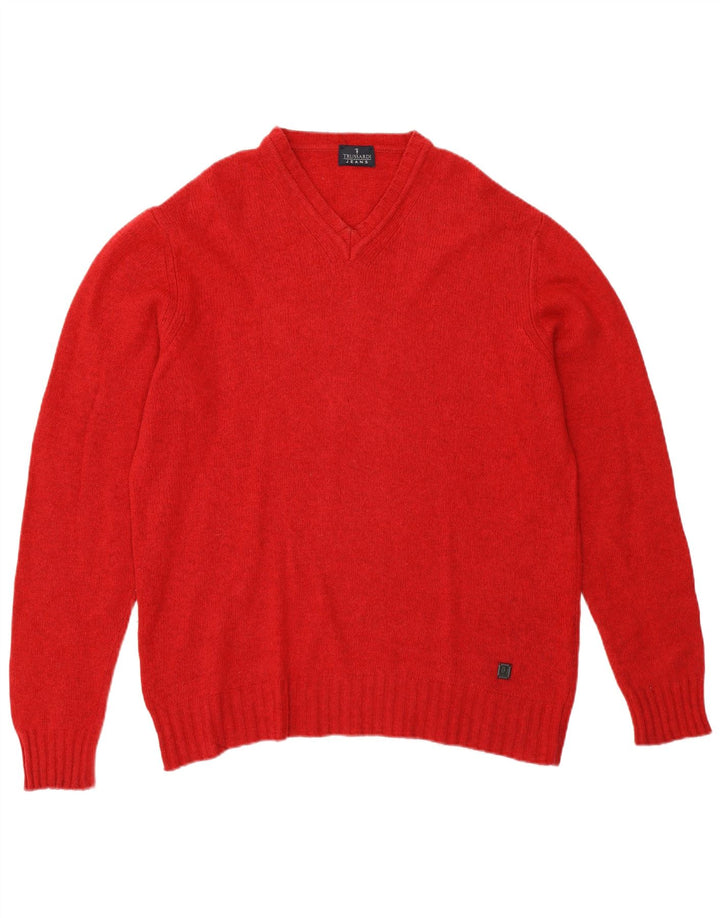 Trussardi Herren-Pullover mit V-Ausschnitt aus mittelroter Wolle