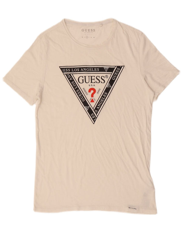 GUESS Herren Slim Fit Grafik-T-Shirt-Oberteil aus mittlerer, cremefarbener Baumwolle